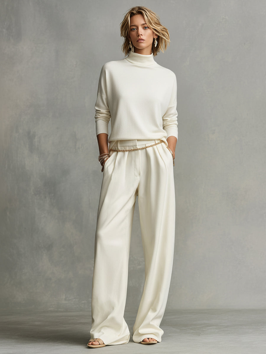 Women's Cream Tailored Wide-Leg Pants with Draped Silhouette & Belt Loops, Contemporary Effortless-Chic Style Pants