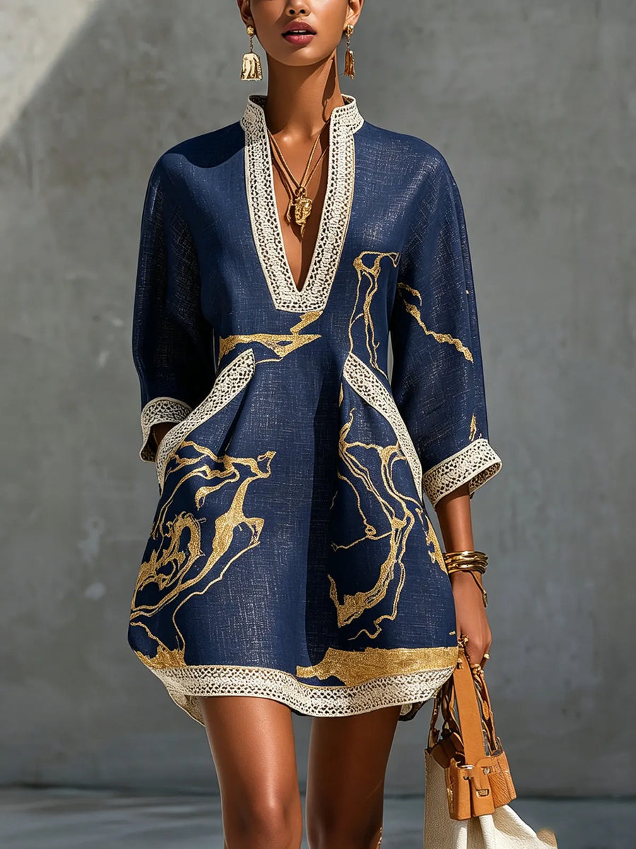 Boho V-Neck Crochet Lace Mini Dress - Navy Gold