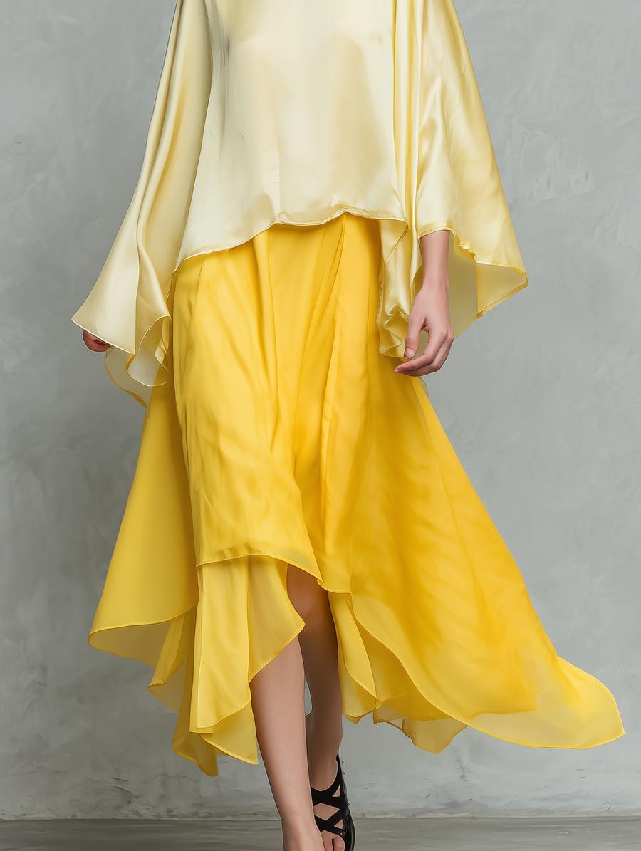 Women's Casual Yellow Satin Long-Sleeve Top Paired With A Chiffon Skirt