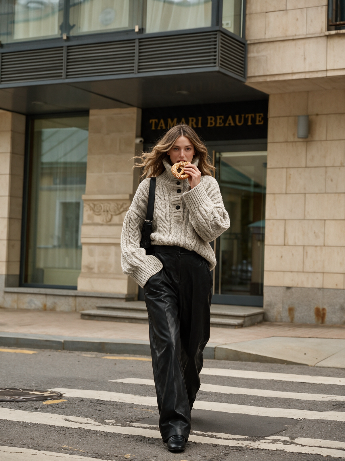 Women's Cable Knit Half-button Sweater & Faux Leather Wide Leg Pants Set