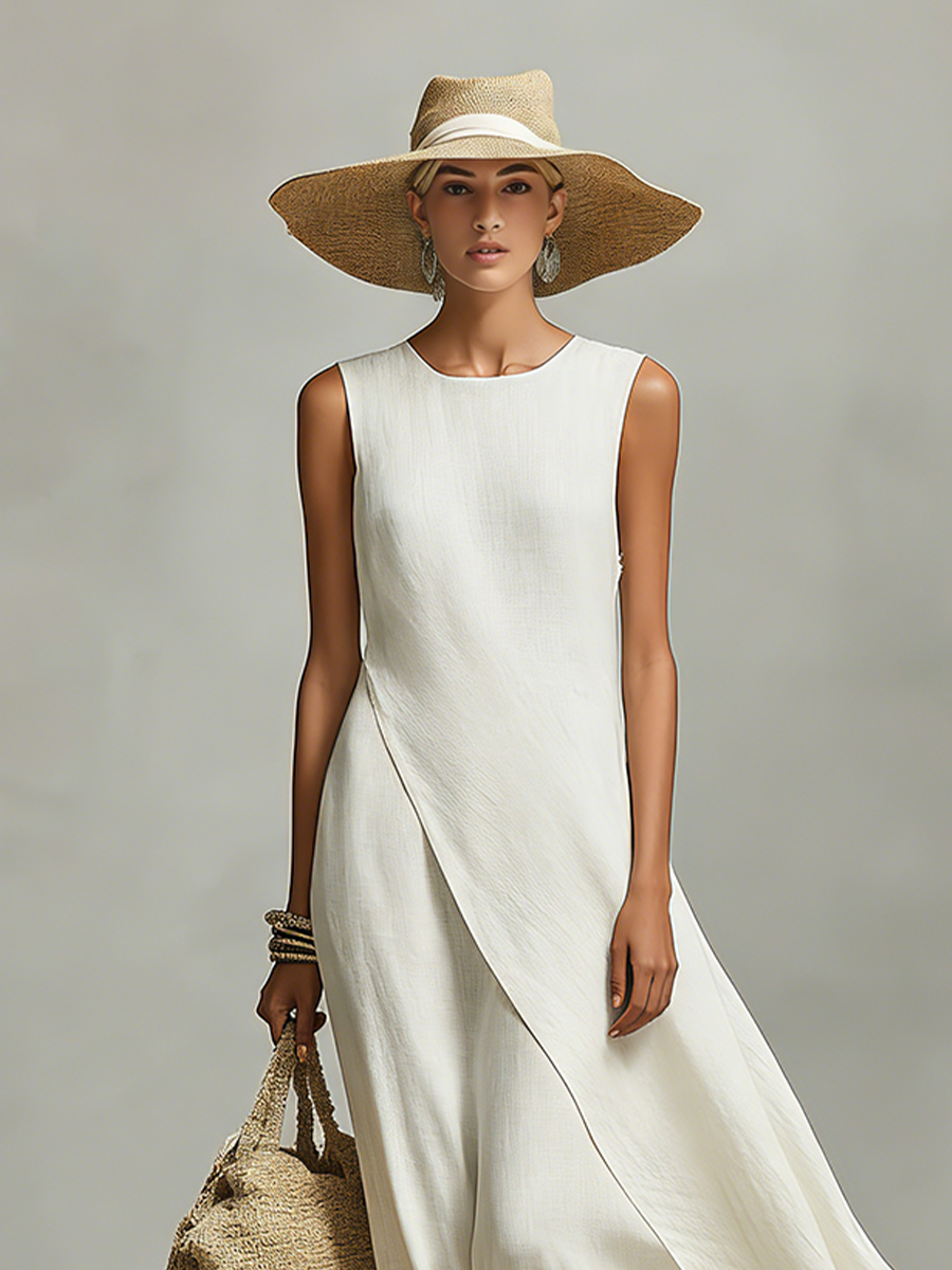 Ivory Linen Asymmetric Hem Sleeveless Maxi Dress