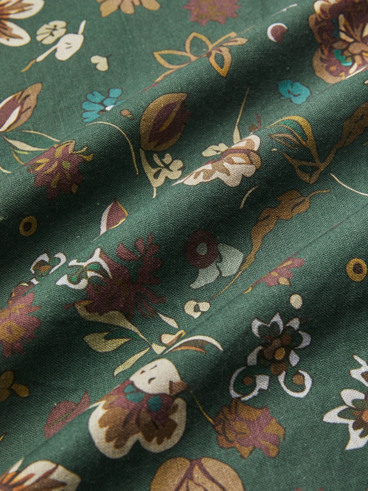 Midi Linen Dress, Long Sleeves, Square Neck, Paisley, Vintage, Green