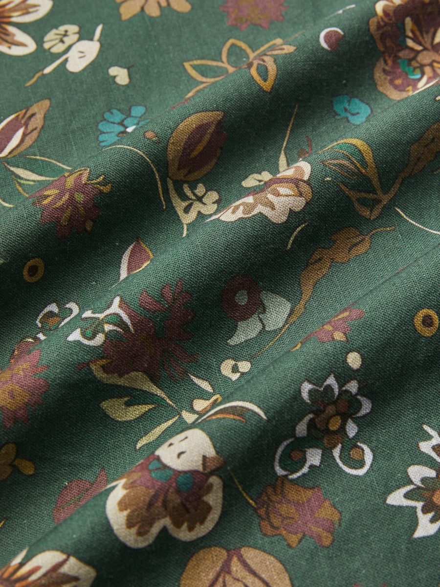 Midi Linen Dress, Long Sleeves, Square Neck, Paisley, Vintage, Green