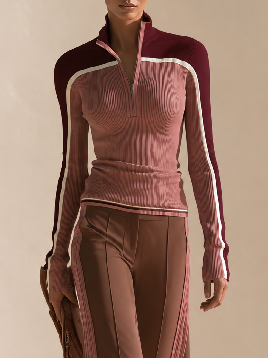Women's Colorblock Half-Zip Ribbed Top