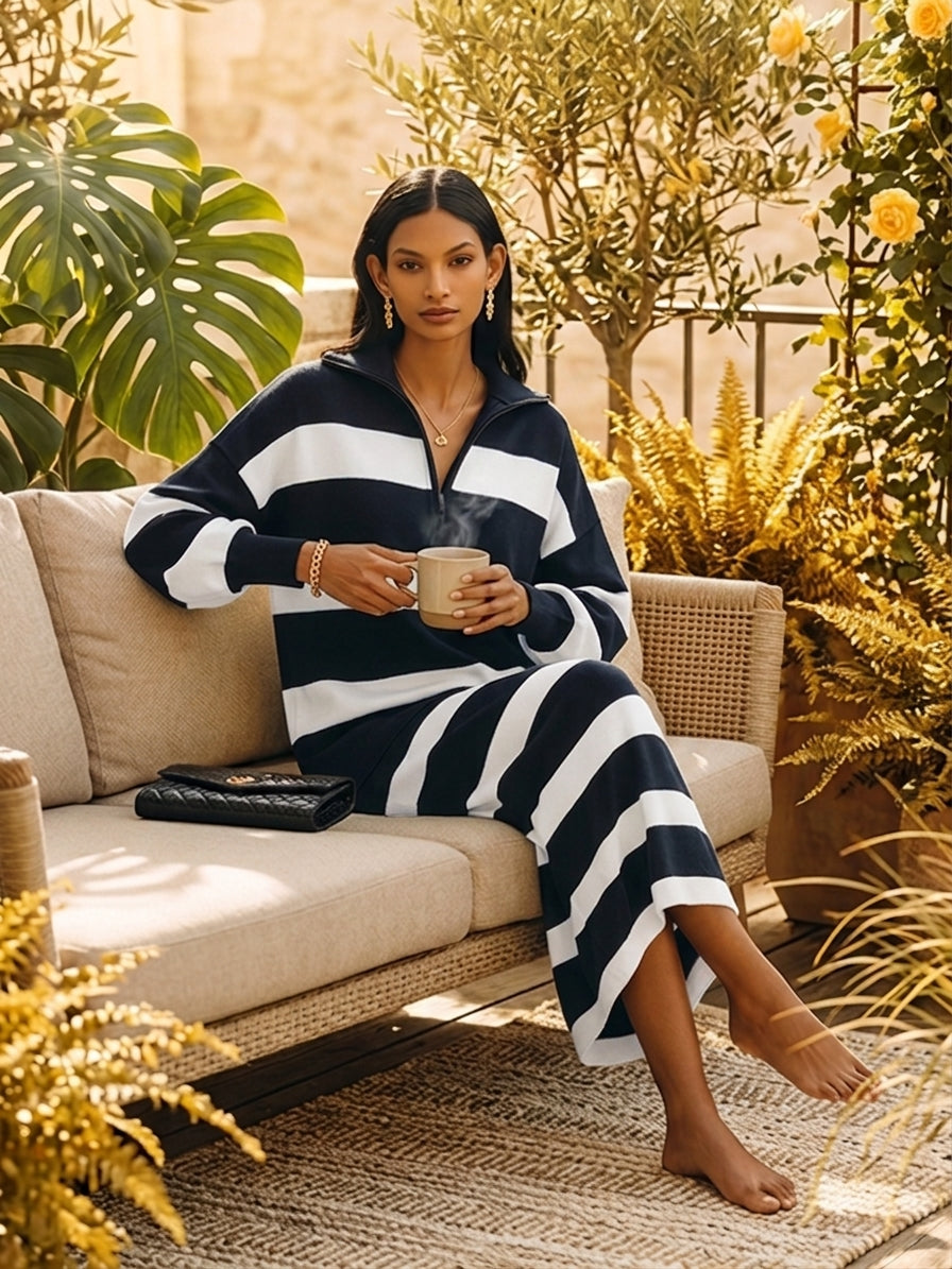 Women's Color-Block Striped Cotton-Blend Half-Zip Top & Midi Skirt Two-Piece Set