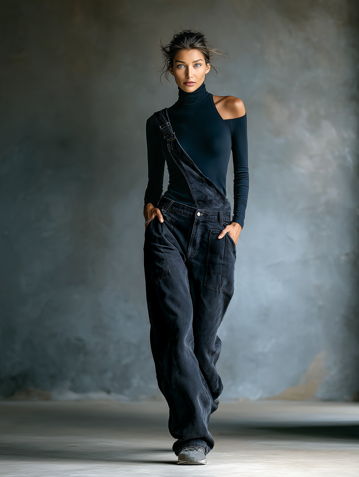 Women's Dark Blue Denim Overalls With Shoulder Straps