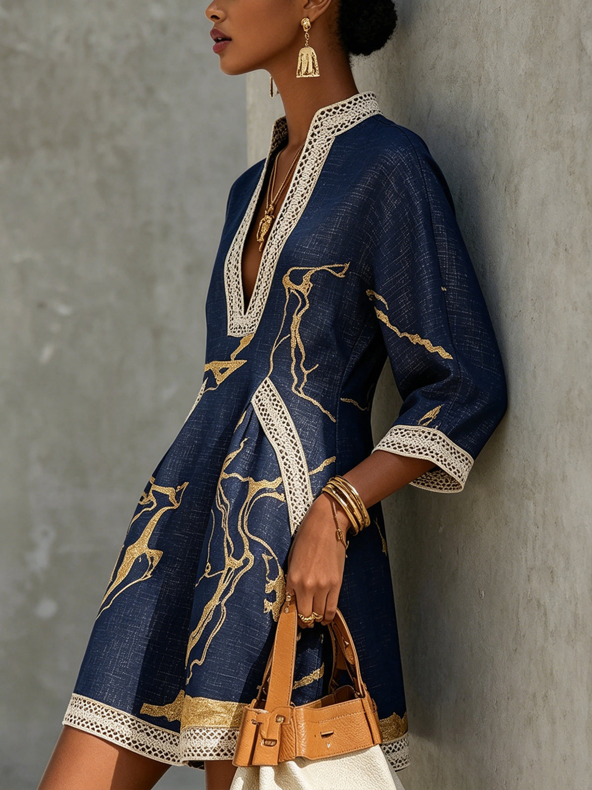 Boho V-Neck Crochet Lace Mini Dress - Navy Gold