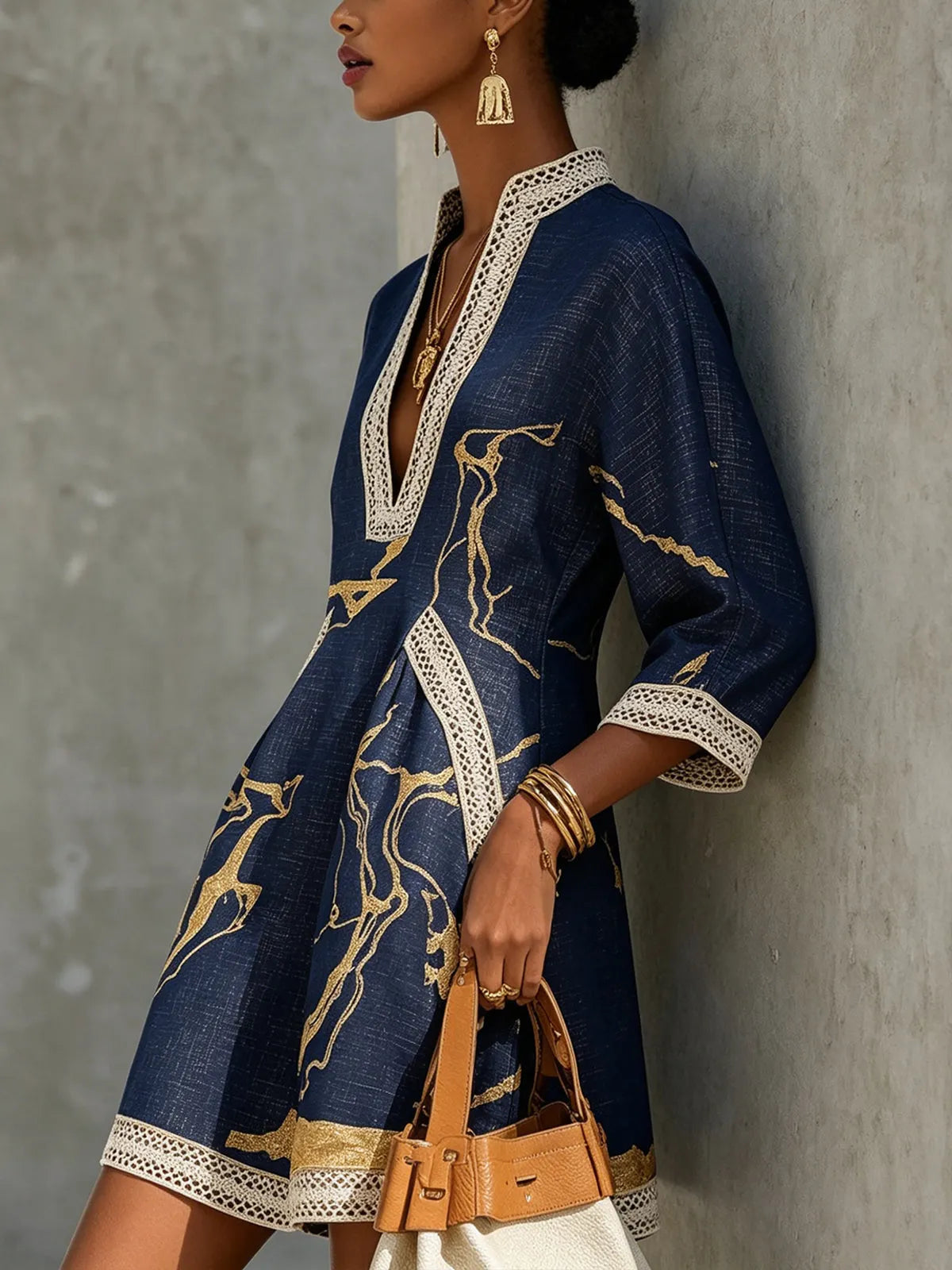 Boho V-Neck Crochet Lace Mini Dress - Navy Gold