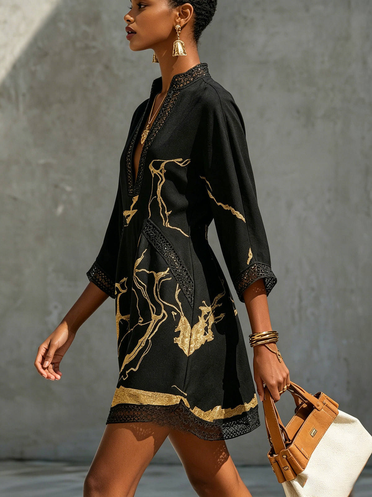 Boho V-Neck Crochet Lace Mini Dress - Black Gold