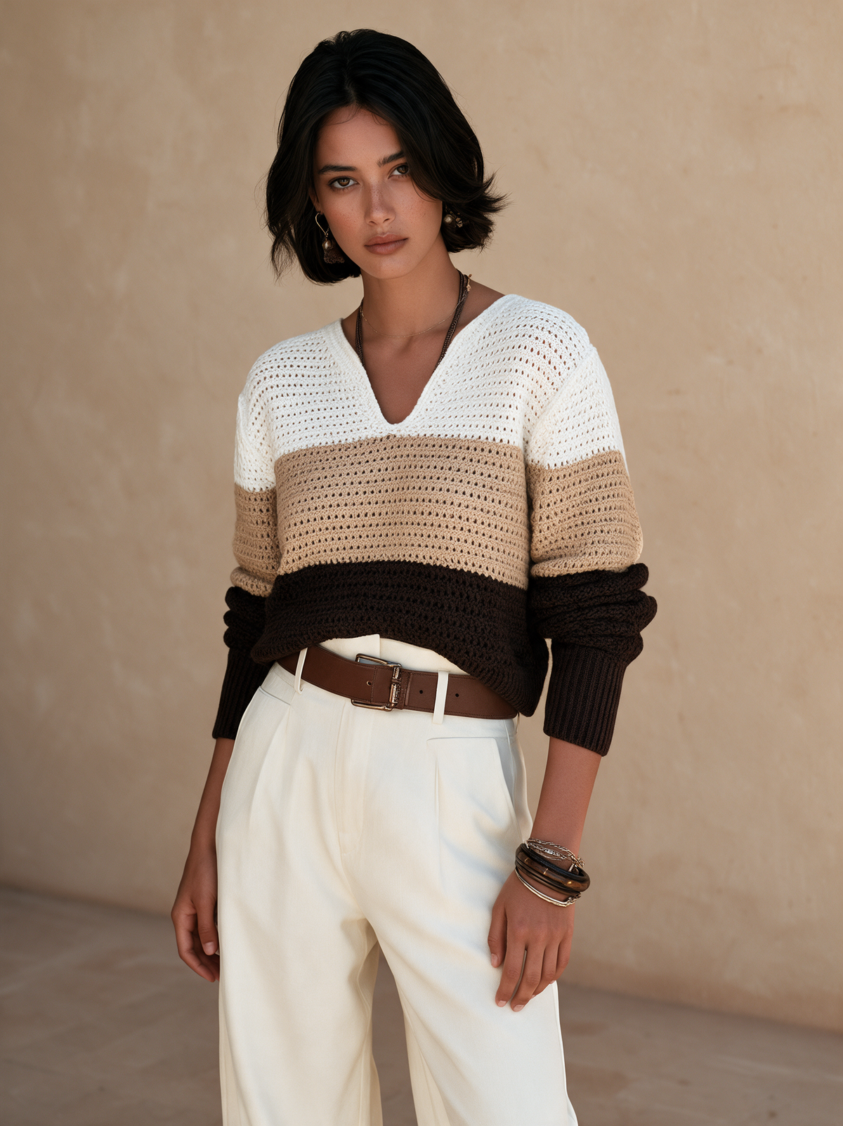 Women's Color Block V-Neck Open-Knit Sweater