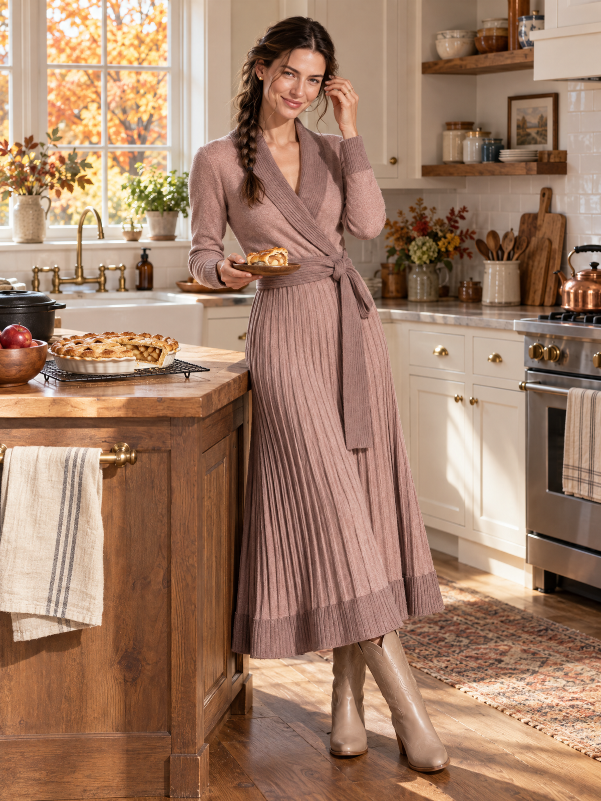 Women's Dusty Rose Shawl Collar Knit Wrap Dress