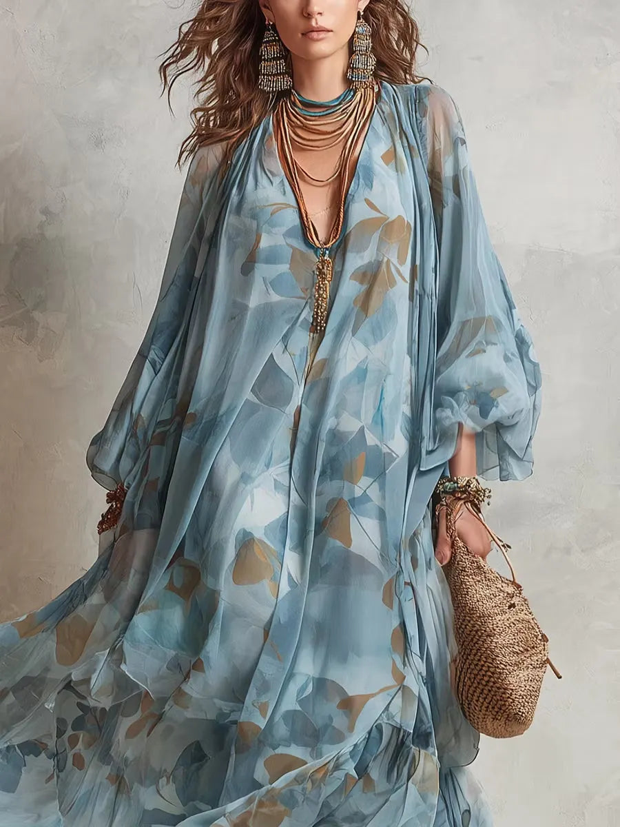 Bohemian Flowing Blue Floral Print Maxi Dress