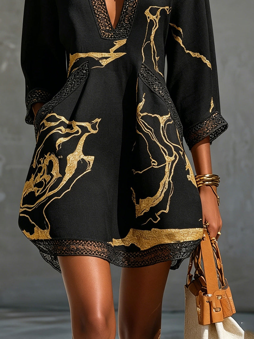 Boho V-Neck Crochet Lace Mini Dress - Black Gold