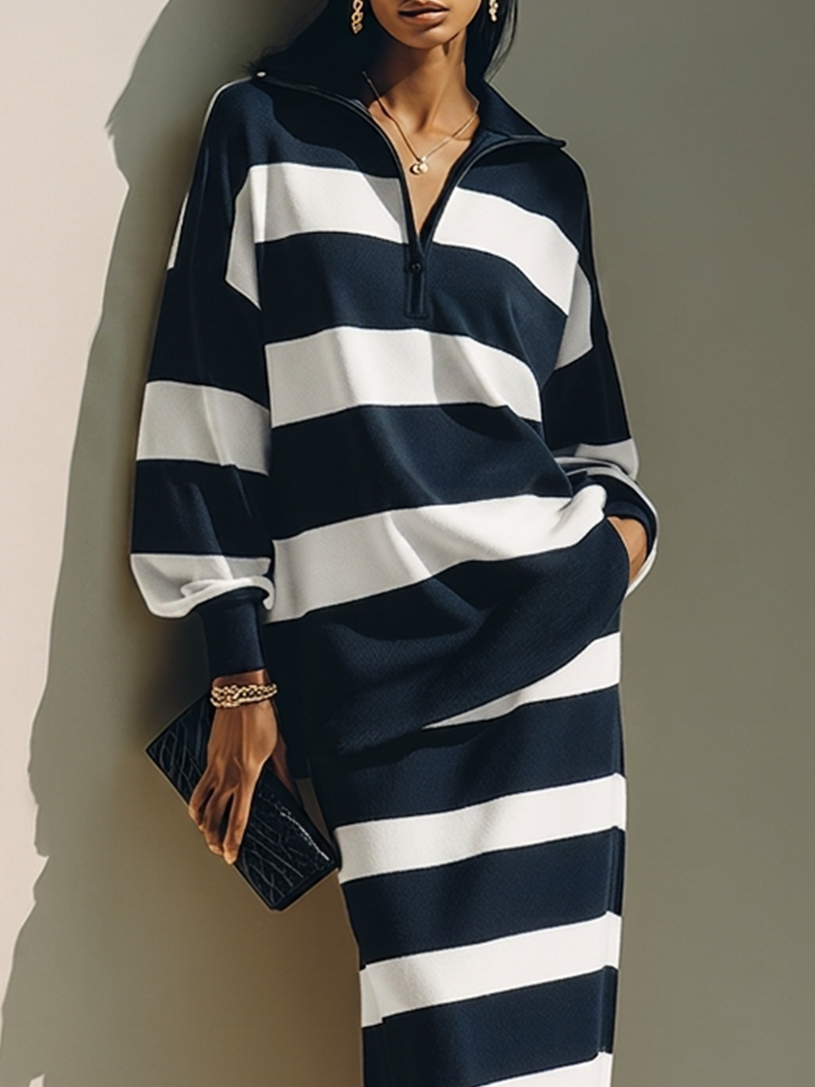 Women's Color-Block Striped Cotton-Blend Half-Zip Top & Midi Skirt Two-Piece Set
