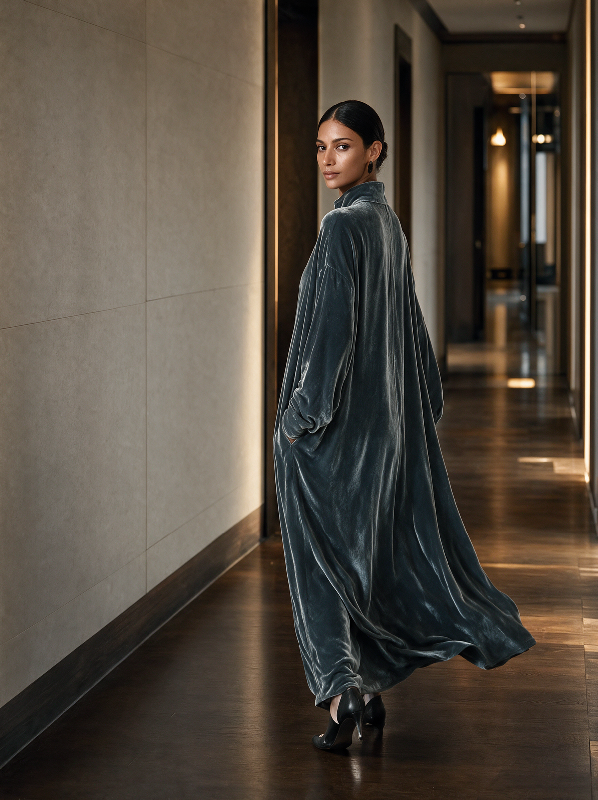 Women's Dusty Blue Stand‑Collared Twist‑Knot Oversized Velvet Maxi Dress