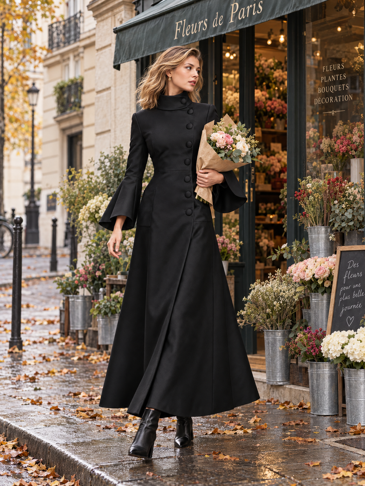 Women's Elegant High-Collar Bell Sleeve Maxi Dress