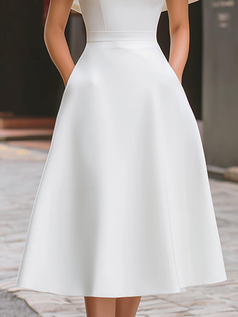 High Neck Cape Sleeve Keyhole A-Line Midi Dress