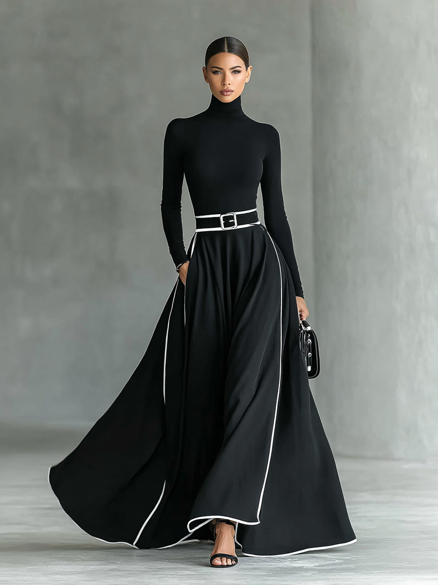 Women's Black Stitching White Trim High Collar Long Sleeve Tight Belt Maxi Dress MDA1031G0Y
