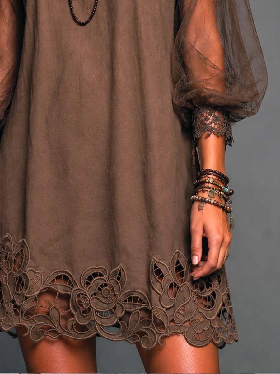 Boho Floral Cut-out Lace Mini Dress with Sheer Puff Sleeves