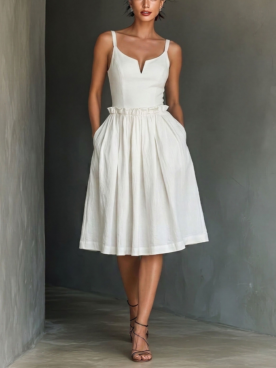 Women’s White Cotton Blend Sweetheart Neckline Midi Dress With Ruffled Waist & Pockets