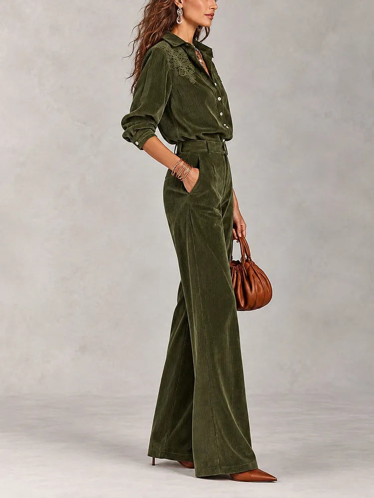Olive Green Corduroy Lace-Trim Shirt & Wide-Leg Pants Set