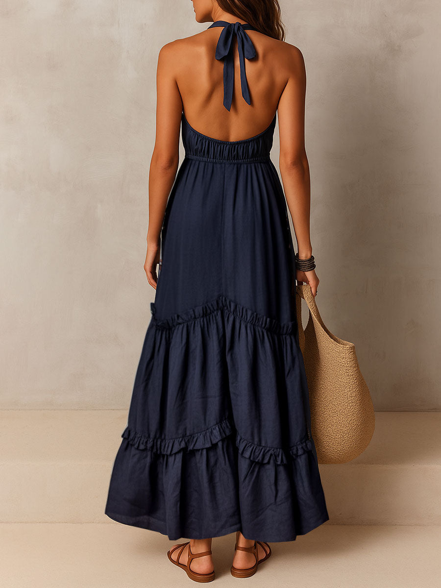Boho Midnight Blue Ruffled Halter Maxi Dress