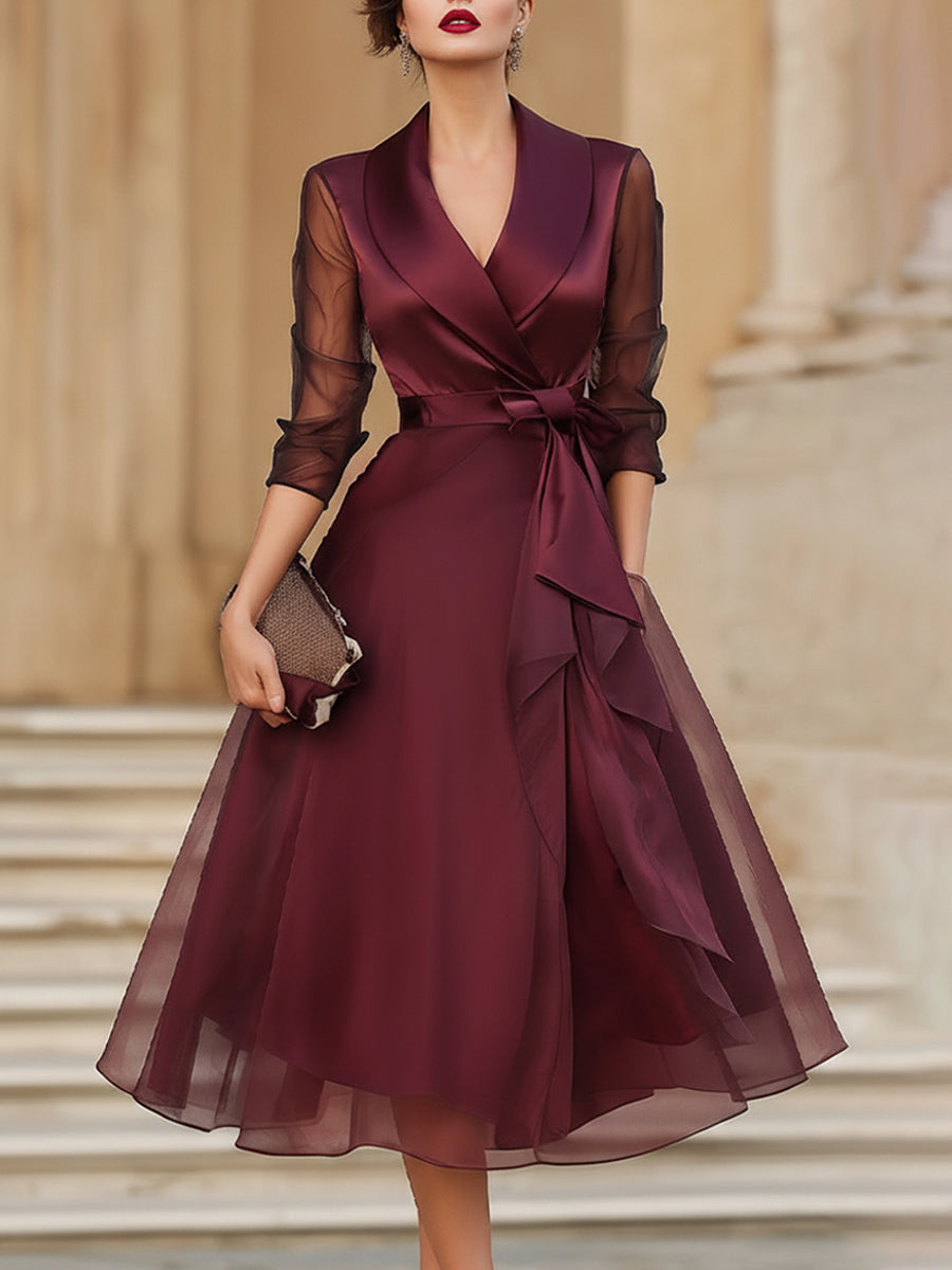 Freya | Elegant Wrap Midi Dress With Sheer Sleeves