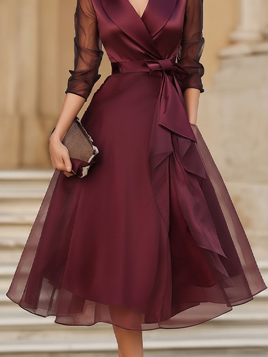 Freya | Elegant Wrap Midi Dress With Sheer Sleeves