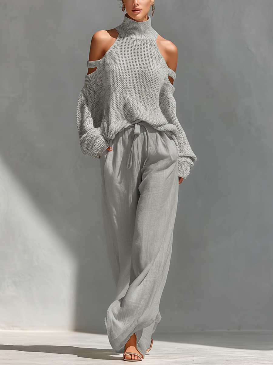 Women's Beige Knit Fabric Cold-Shoulder Turtleneck Top & Wide-Leg Pants Set MDZ0984A5T