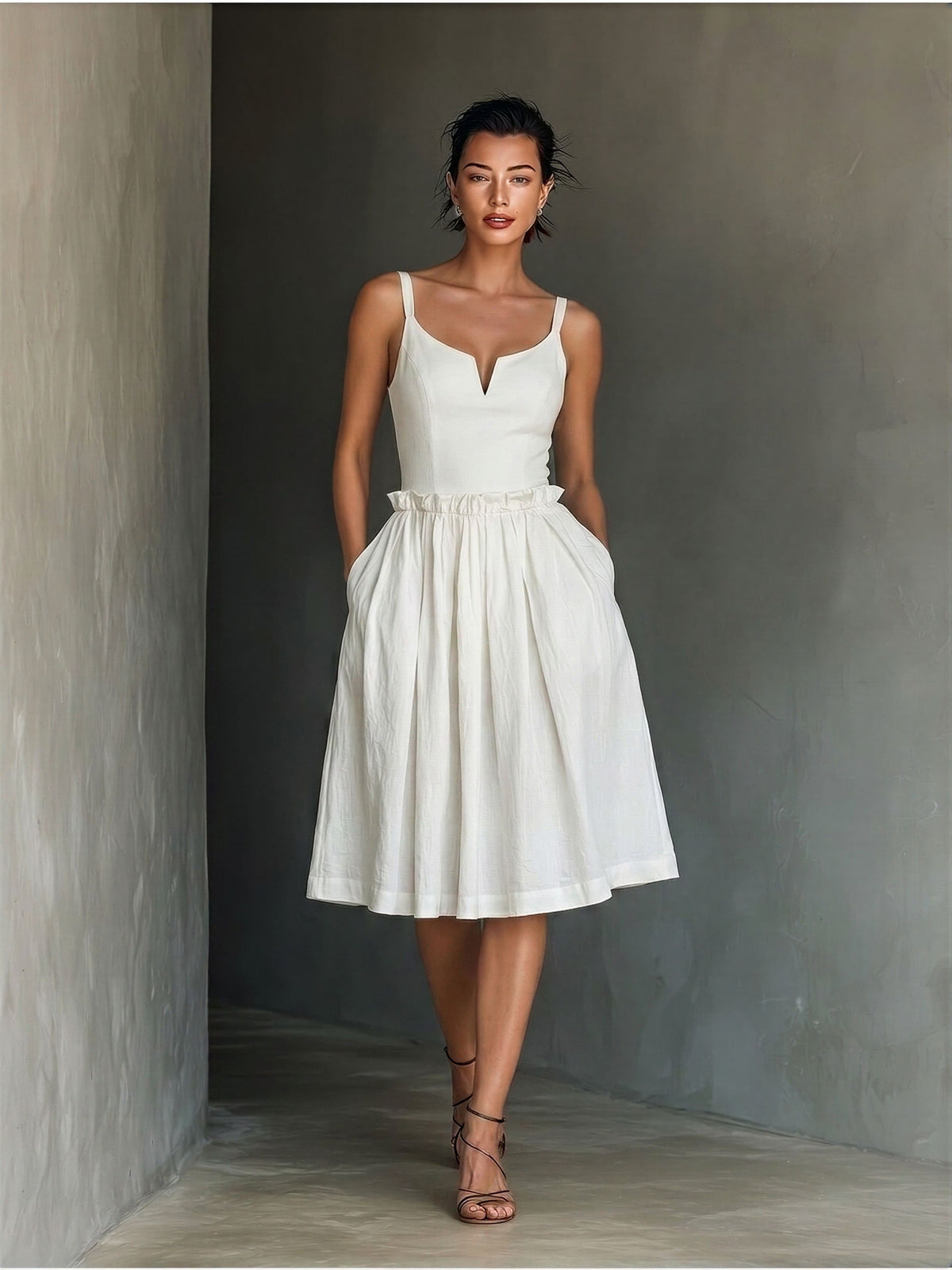 Women’s White Cotton Blend Sweetheart Neckline Midi Dress With Ruffled Waist & Pockets