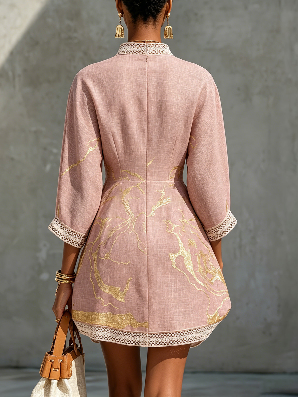 Boho V-Neck Crochet Lace Mini Dress - Pink Gold