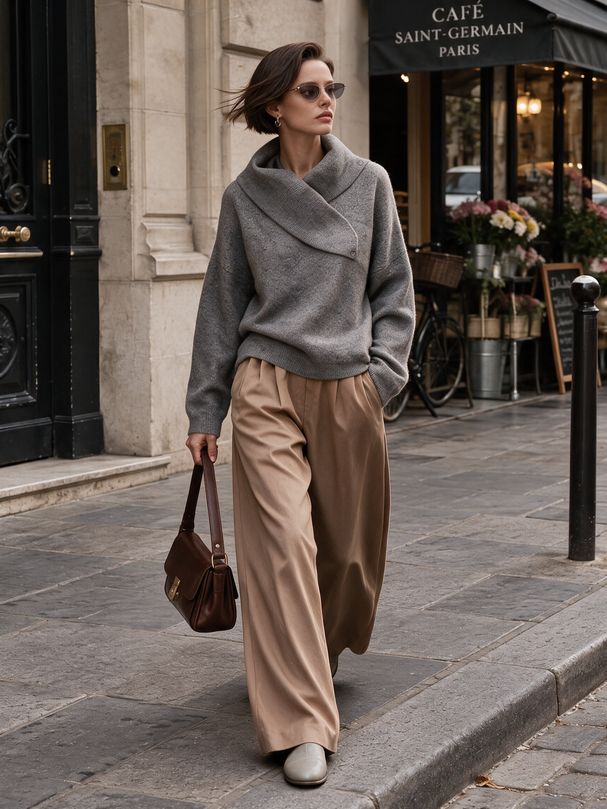 Women's Asymmetric Collar Knit Top & Wide Leg Trousers Set