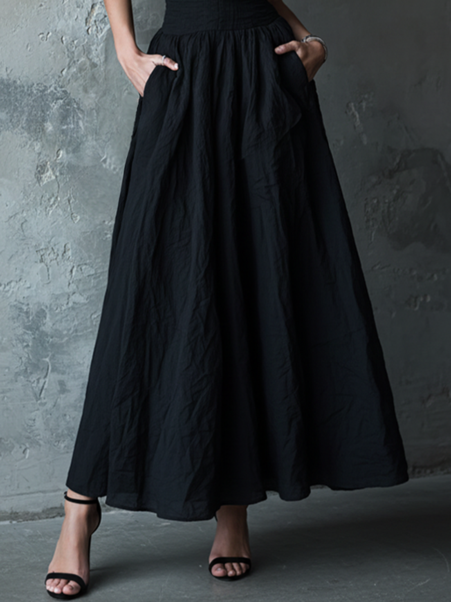Women's Elegant Black Cotton Blend Off-Shoulder Ruffle Smocked Waist-Tailored Flared Maxi Dress