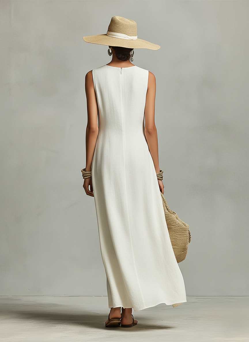 Ivory Linen Asymmetric Hem Sleeveless Maxi Dress