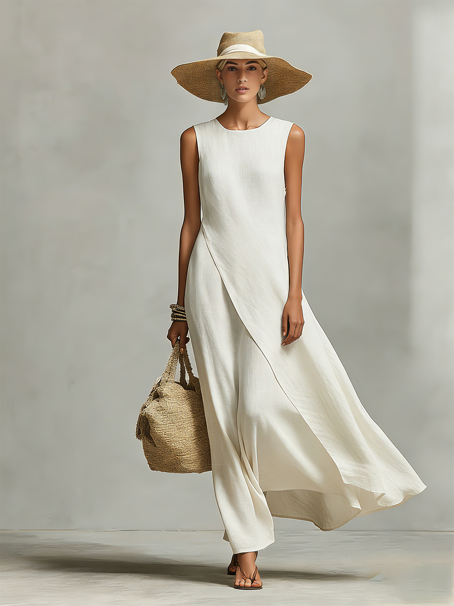 Ivory Linen Asymmetric Hem Sleeveless Maxi Dress