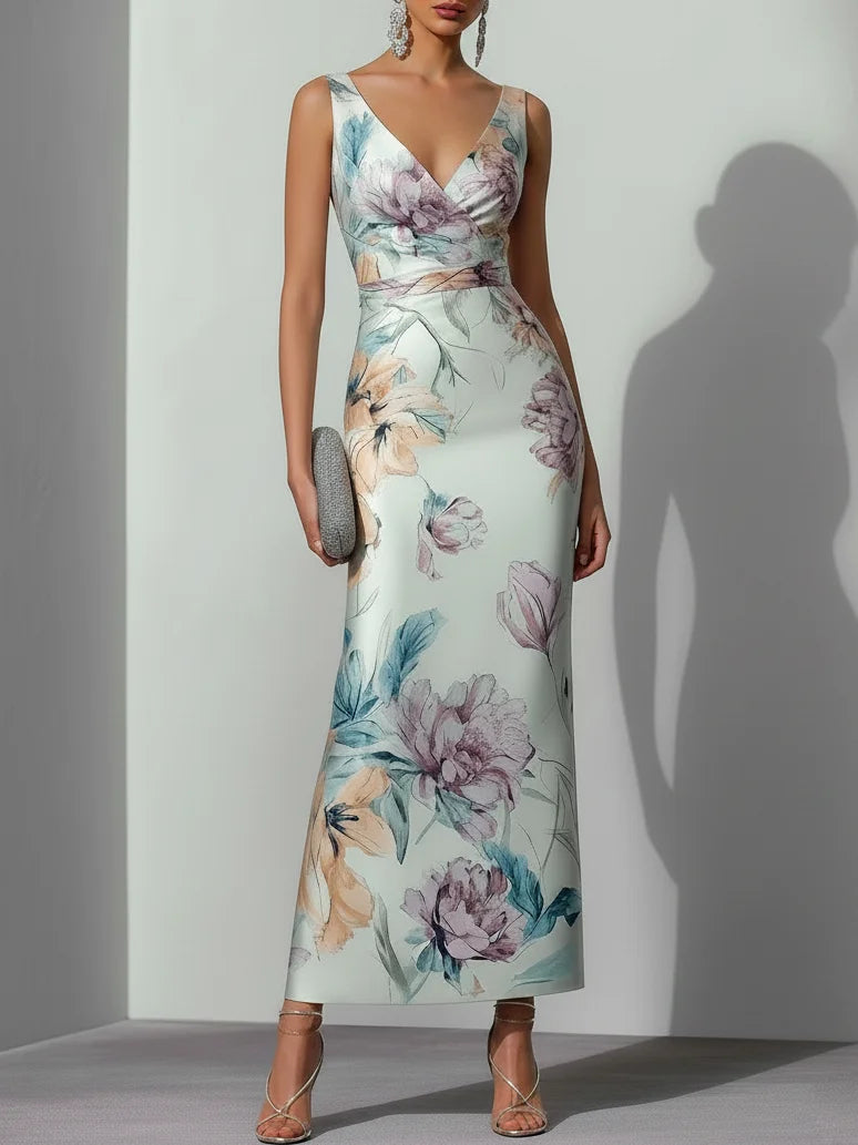 Light Blue Floral Satin V Neck Sleeveless Maxi Dress