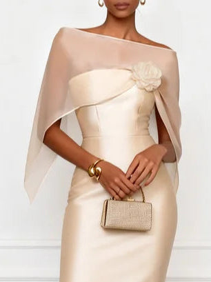 Apricot mesh shawl satin fitted midi dress