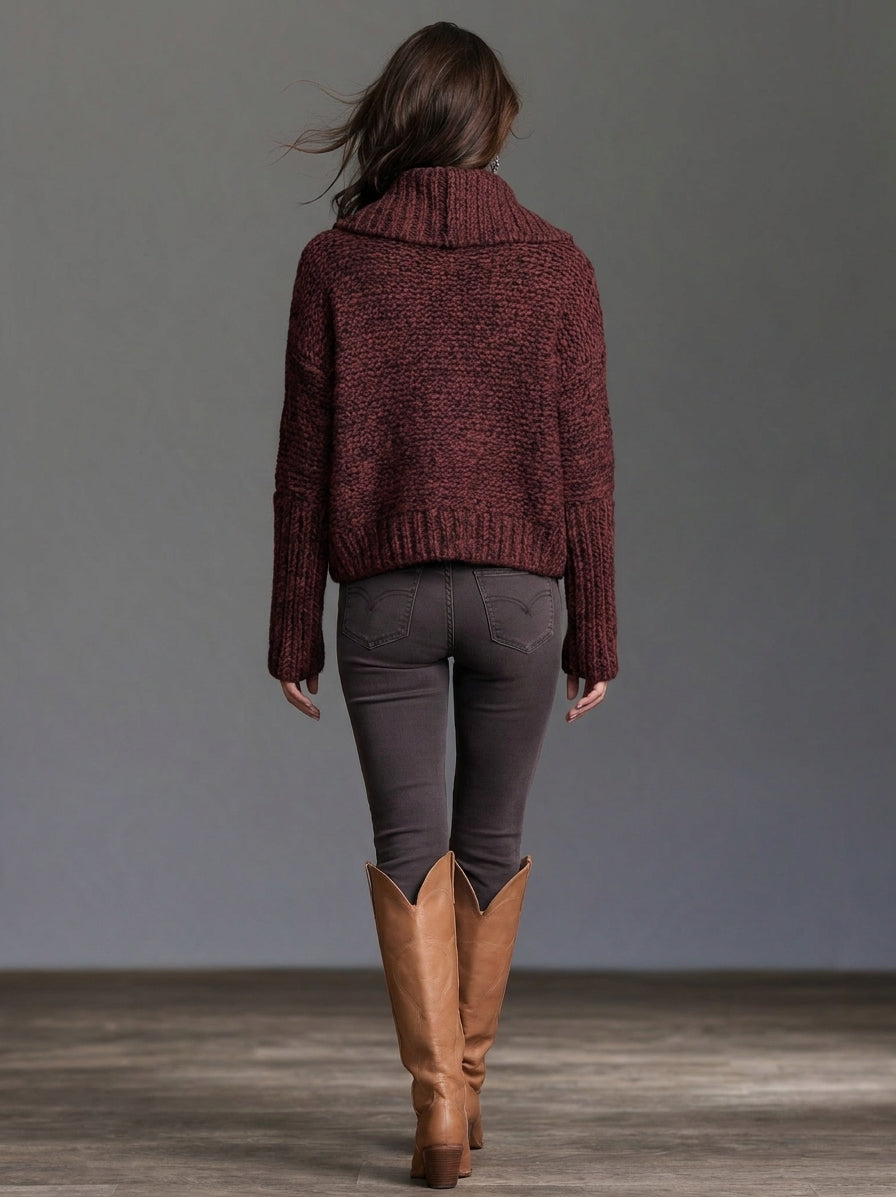 Women's Casual Burgundy Long-Sleeve Pullover Sweater