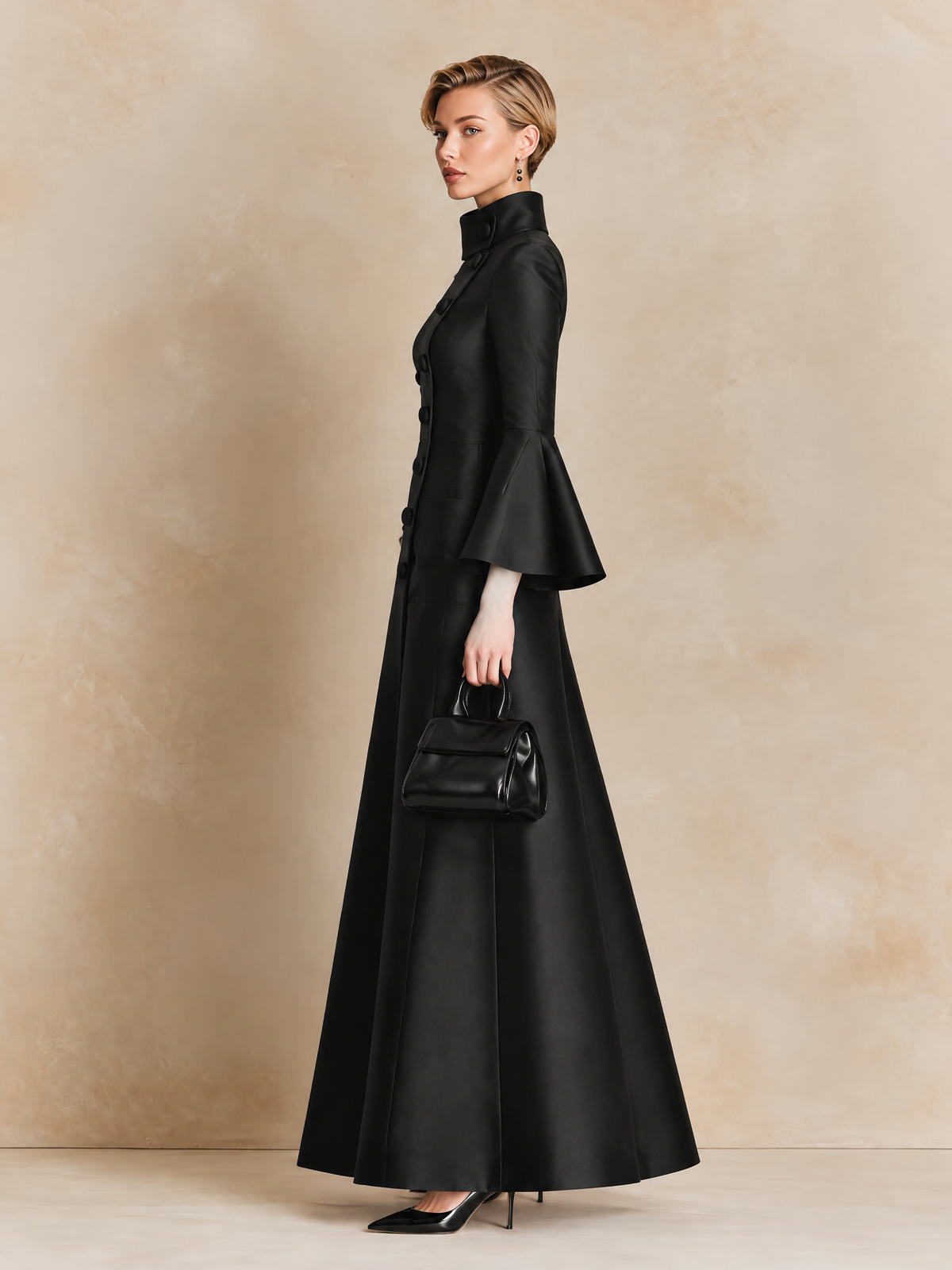 Women's Elegant High-Collar Bell Sleeve Maxi Dress