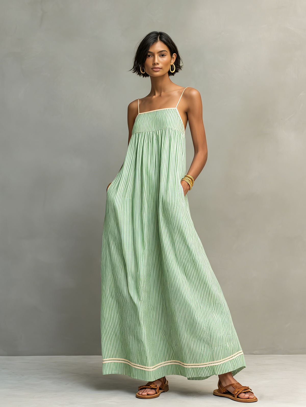 Women's Minimalist Striped Maxi Dress With Red Trim And Spaghetti Straps