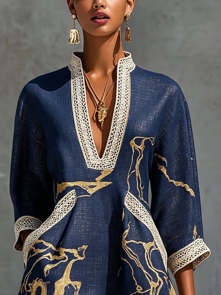 Boho V-Neck Crochet Lace Mini Dress - Navy Gold