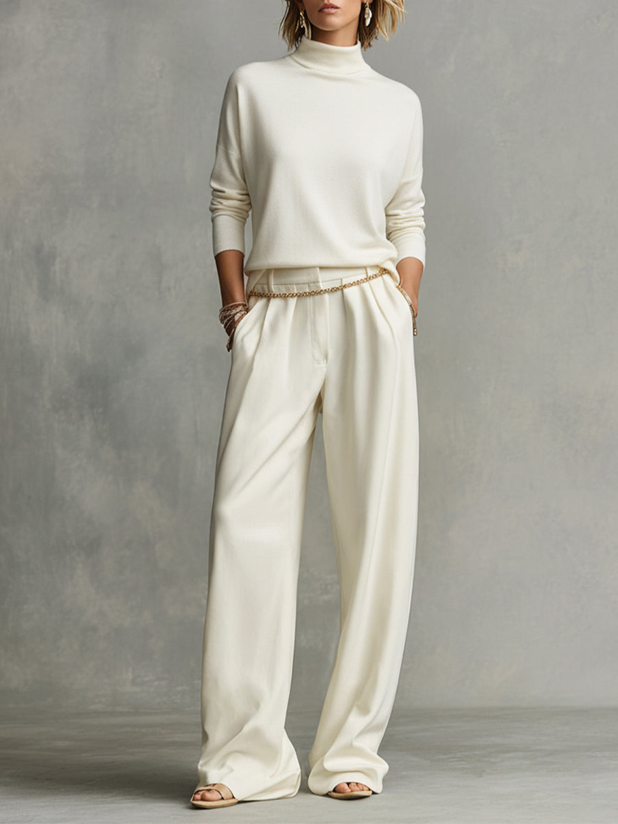 Women's Cream Tailored Wide-Leg Pants with Draped Silhouette & Belt Loops, Contemporary Effortless-Chic Style Pants