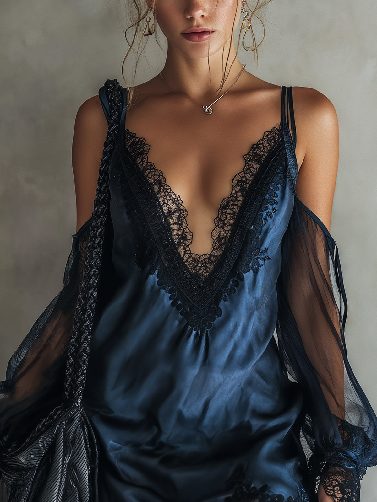 Blue Satin Off Shoulder Lace Mini Dress