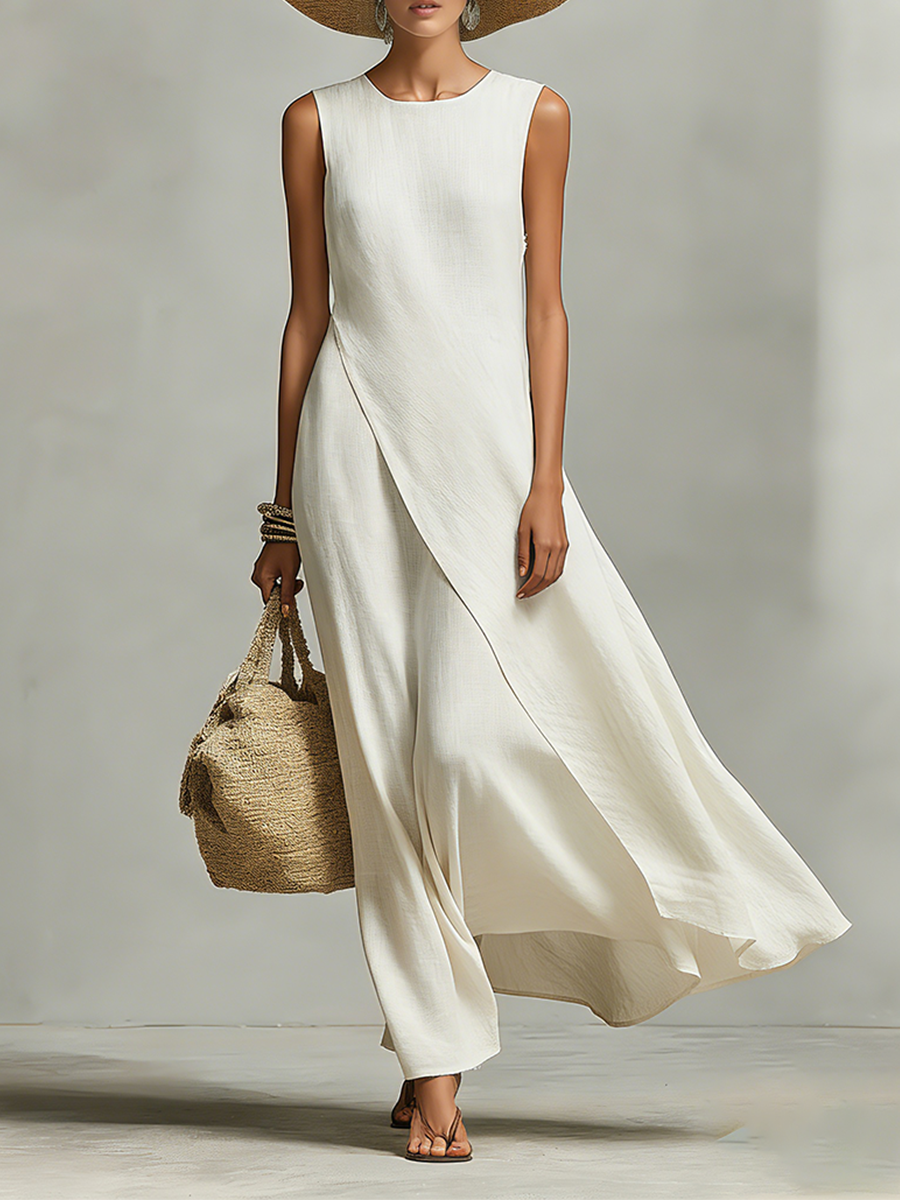 Ivory Linen Asymmetric Hem Sleeveless Maxi Dress