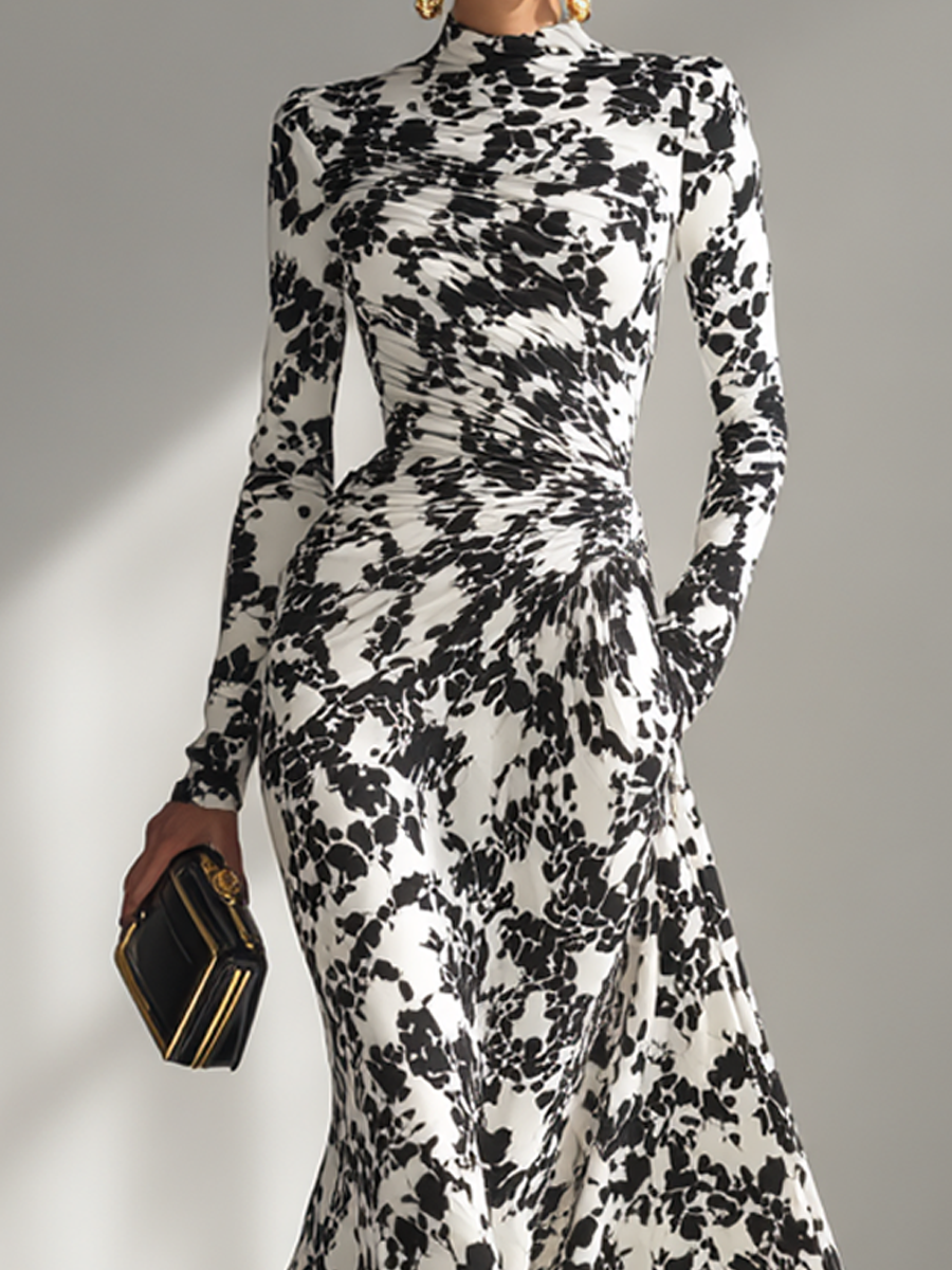 Women's Black And White Patterned Stretch Blend Wrap Dress MDA1295K1AP