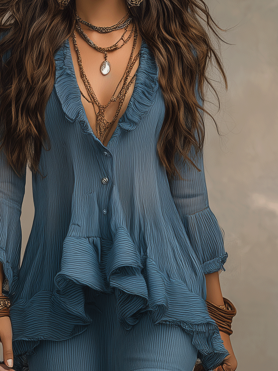 Boho Ruffle Button-Front Dusty Blue Blouse