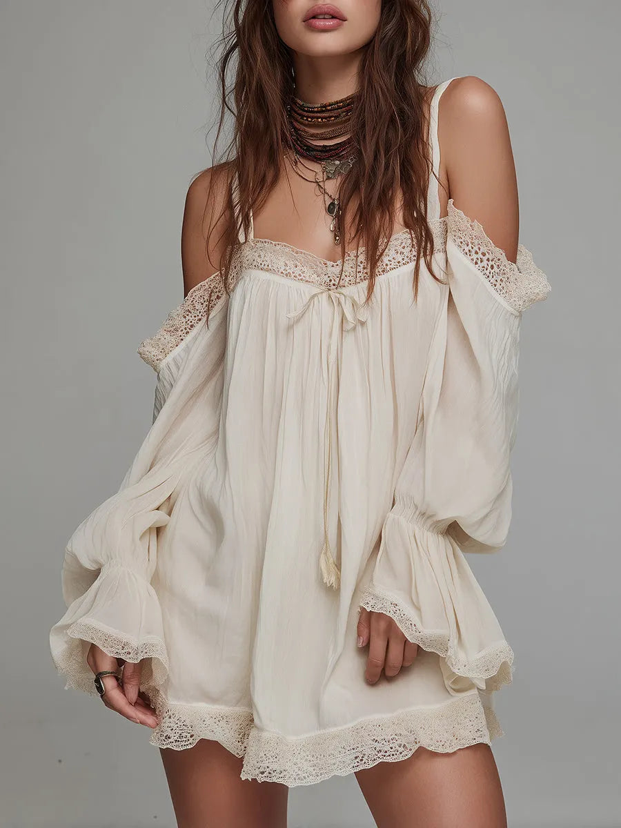 Bohemian Off-the-shoulder Lace Patchwork Chiffon Mini Dress