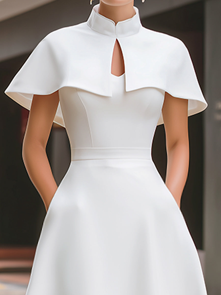 High Neck Cape Sleeve Keyhole A-Line Midi Dress