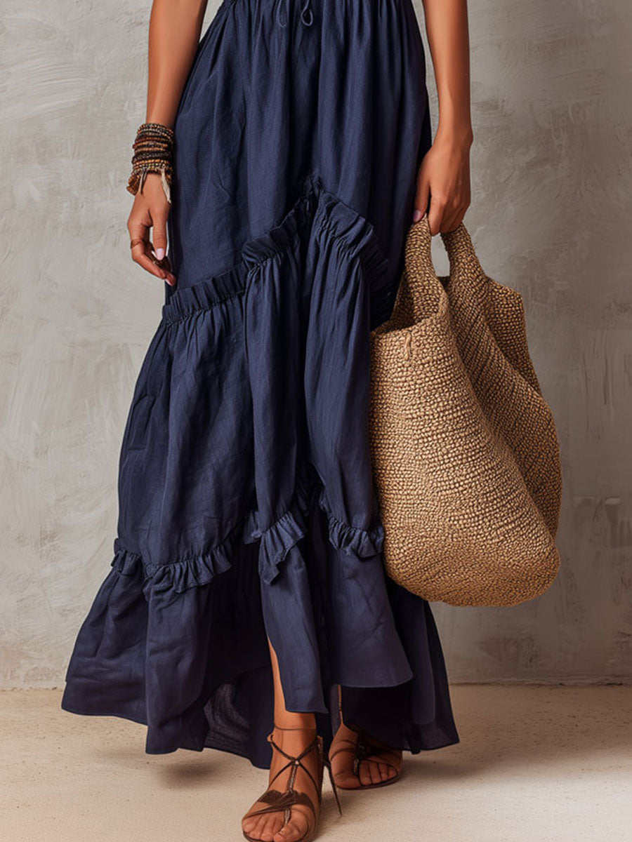 Boho Midnight Blue Ruffled Halter Maxi Dress