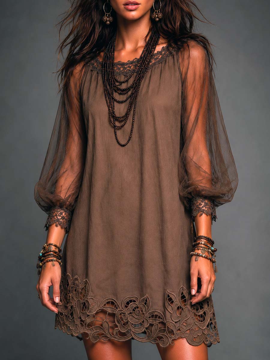 Boho Floral Cut-out Lace Mini Dress with Sheer Puff Sleeves